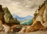Joos de Momper, A Panoramic Landscape with Travellers, Oil on panel (parquetted)