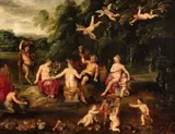 attributed to Hendrick van Balen, A Landscape with Nymphs and Bacchantes, Oil on panel (parquetted)