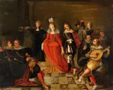 Louis de Caullery, An Interior with Merry Company, Oil on panel (parquetted)
