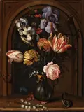 Balthasar van der Ast, A Vase of Flowers in a Niche with a Butterfly, Fly, Dragonfly and a Lizard, Oil on panel