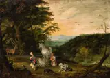 A Landscape with Saint Hubert by studio of Jan Brueghel the Younger, Oil on panel (parquetted), sold May 2015