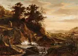 Jacob de Villeers, A Panoramic Landscape with a Waterfall, Oil on panel