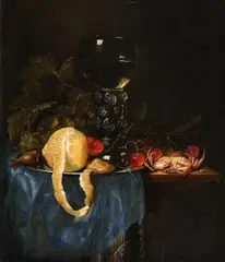 Pieter de Ring, Still Life with a Lemon, Rummer, Grapes, Cherries and Shellfish, Oil on panel