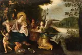 Flemish School 17th century, The Virgin and Child with Angels in a Panoramic Landscape