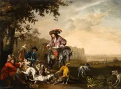 An Italianate Landscape with an Elegant Hunting Party by Abraham Hondius, Oil on panel (parquetted), offered May 2015