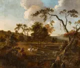Jan Wijnants, Landscape with Rolling Hills and a Stag Hunt, Oil on canvas (relined)