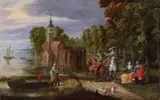 Flemish School 17th century, Coastal Landscape with a Palace and Elegant Company