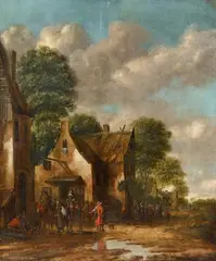 Thomas Heeremans, Figures Resting by a Tavern, Oil on panel (parquetted)
