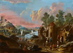 Marc Baets, Farmyard by a River with Figural Staffage, Oil on panel