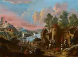 Marc Baets, Farmyard by a River with Figural Staffage, Oil on panel