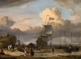 Jan Claesz Rietschoof, A Busy Beach Scene with a Dutch Galleon, Oil on panel