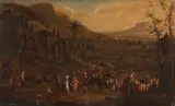 A Southern Landscape with a Market Scene by Adriaen Fransz. Boudewijns Pieter Bout, Oil on canvas (relined), sold May 2015