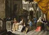 Jan Baptiste Monteyne, An Interior with Courtship Scenes and Servants, Oil on canvas (relined)