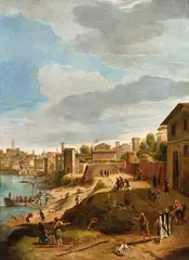 Gaspare van Wittel, called Vanvitelli, studio of, View of the Harbour at Ripa Grande View of the Strada di Marmorata at Ripa Grande, Oil on canvas (relined). Each