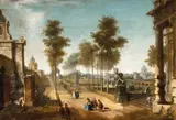 A Tree Lined Avenue with Figures by Francesco Battaglioli Gaspare Diziani, Oil on canvas (relined), offered May 2015