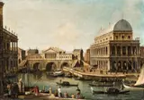 An Architectural Capriccio with the Ponte di Rialto after a design by Palladio and Buildings in Vicenza by Antonio Canal, called Canaletto, copy after, Oil on canvas, sold May 2015