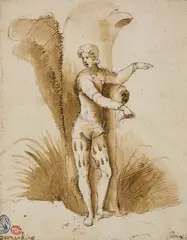 attributed to Bernardino Campi, A Young Man Leaning on a Tree, Brown ink and was