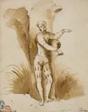 attributed to Bernardino Campi, A Young Man Leaning on a Tree, Brown ink and was
