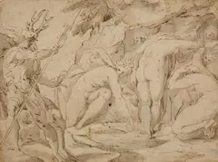 attributed to Abraham Bloemaert, Diana and Akteon, Brown ink and grey wash on paper, mounted to the mat
