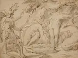 attributed to Abraham Bloemaert, Diana and Akteon, Brown ink and grey wash on paper, mounted to the mat