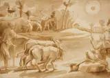 Central Italian School ca. 1600, Peasants Working the Land, Brown ink and wash on paper, mounted on laid paper