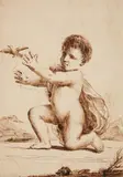 A Kneeling Boy with a Bird by called Il Guercino Giovanni Francesco Barbieri, Brown ink on paper, sold May 2015
