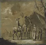 Hendrik Verschuring, Horsemen Before a Tent, Grey wash, highlighted in white on tinted paper