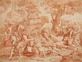French School 17th - 18th centuries, Faustulus and the Shepherds Driving off the Wolf who Suckled Romulus and Remus, Red chalk on laid paper