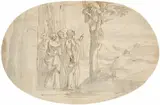 Jan Luyken, Christ and Three Apostles Meet Zacchaeus, Brown ink and grey wash on ribbed paper, mounted on laid paper