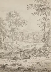 Jan van Huysum, An Arcadian Landscape with a Couple and a Dog, Grey ink and was
