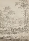 Jan van Huysum, An Arcadian Landscape with a Couple and a Dog, Grey ink and was