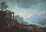 Johann Alexander Thiele, A Fanciful River Landscape with Merchants