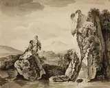 Deodat Roger, Shepherds and Anglers in a Mountainous Landscape, Grey ink on ribbed paper