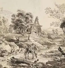 Balthasar Anton Dunker, Landscape with Horseman, Grey ink and wash, mounted to mat