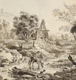 Balthasar Anton Dunker, Landscape with Horseman, Grey ink and wash, mounted to mat