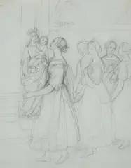 Young Woman surrounding a Statue of the Virgin by Louise Seidler, Pencil on tinted paper, sold May 2015