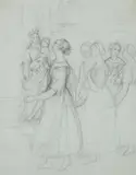 Louise Seidler, Young Woman surrounding a Statue of the Virgin, Pencil on tinted paper