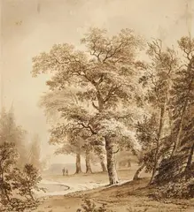 Barend Cornelis Koekkoek, A Park Landscape near Apeldoorn, Brown ink and wash on laid paper