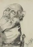 Adolph von Menzel, Studie eines alten Mannes mit Brille, Kreide in Schwarz auf Bütten, auf Passepartout montiert