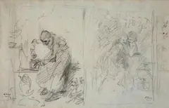 Ludwig Knaus, TWO SKETCHES FOR PAINTINGS, Black chalk on toned paper