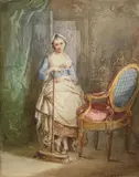 Charles Camino, A Young Girl Sweeping, Watercolour