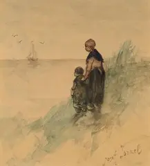 attributed to Jozef Israels, A Woman and a Child viewing a Parting Ship, Watercolour on paper