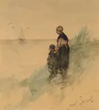 attributed to Jozef Israels, A Woman and a Child viewing a Parting Ship, Watercolour on paper