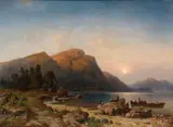 Heinrich Steinike, Sunset on the Banks of a Mountain Lake, Oil on canvas