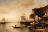 Jacob Jacobs, A Busy Market Scene at Istanbul Harbour, Öl auf Mahagoni-Platte