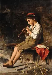 A Boy Playing the Flute by Luigi Bechi, Oil on canvas, offered May 2015