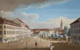 Two Views of Berlin in the Era of Frederick the Great. by Johann August Ernst Niegelssohn, Gouache over etching, sold May 2015
