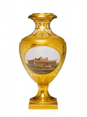 Königliche Porzellanmanufaktur Berlin Kpm, A Berlin KPM Munich metal mounted porcelain vase with views of Berlin., Munich vase no. 1 with fine foliate etching to the gilt ground and the white ground of the neck. Two labelled scenes of the Berlin Museum and the Berlin Werdesche Church within oval reserves to the body. Blue sceptre mark, red imperial orb mark over KPM. H