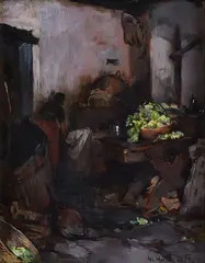 Albert Hertel, A Peasant Kitchen with a Washerwoman, Oil on panel