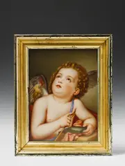 Anton Raphael Mengs, A Berlin KPM porcelain plaque showing Cupid sharpening an arrow., Fine painting after a pastel by Anton Raphael Mengs. Impressed sceptre mark above KPM, impressed numbers